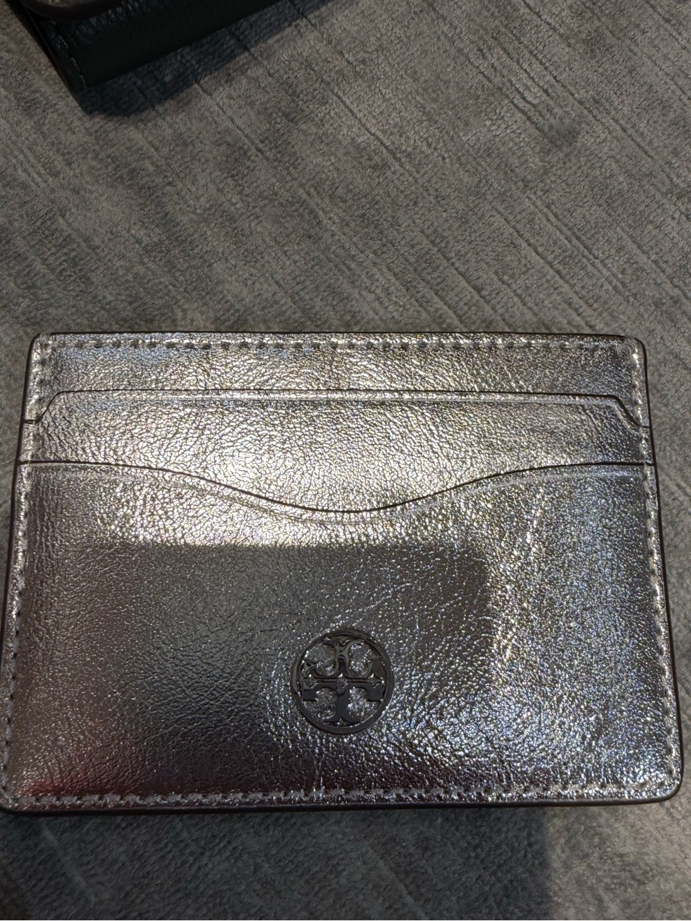 Tory Burch silver and Tan Leather Card Case with Gold Logo slim new